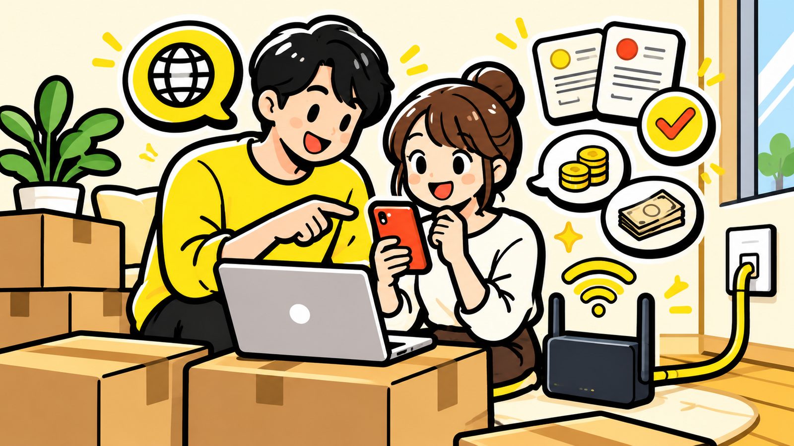 引越しの荷物の前で、パソコンとスマホで光回線の申込先を調べる2人のイラスト